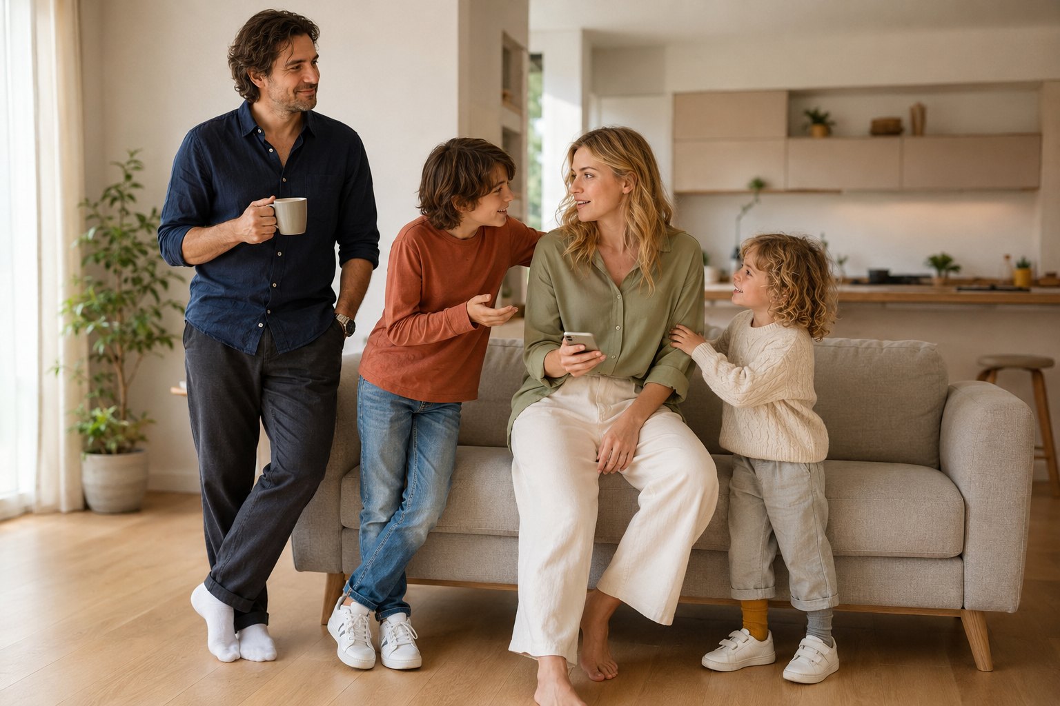 One parent in the living room answering both children's questions at once while glancing at a phone, the other parent standing a step aside