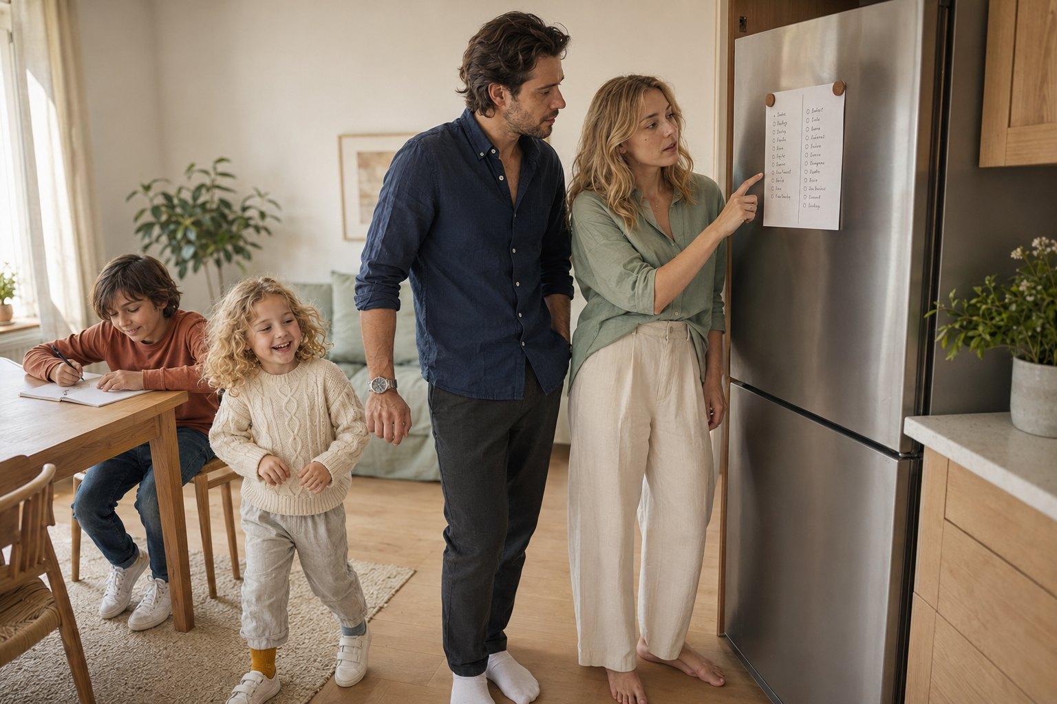 Two partners by the fridge with a handwritten chore list split into two columns, the children playing nearby