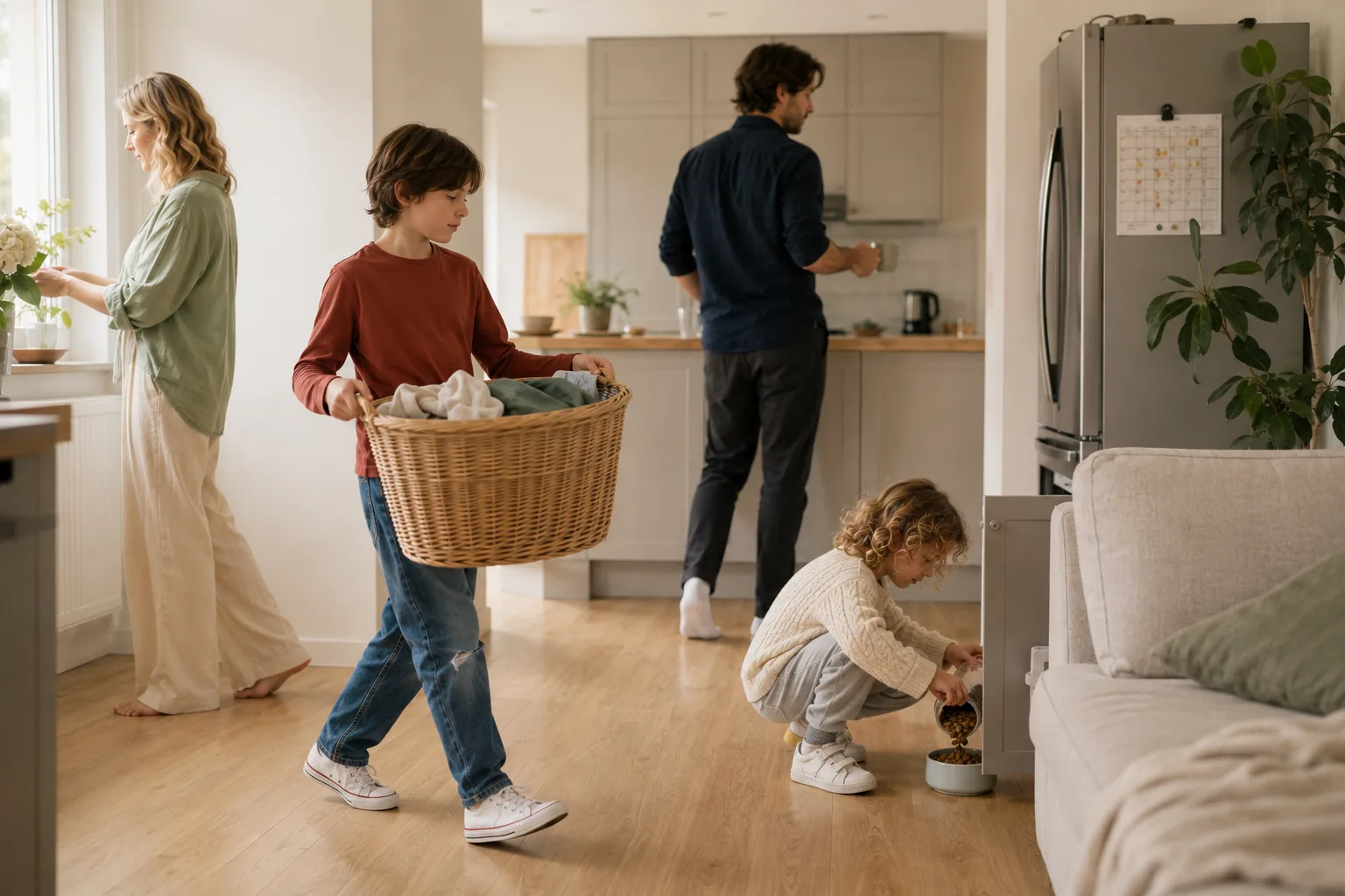 Am Samstagvormittag steht eine schlichte Übersicht der Familienaufgaben an der Kühlschranktür, das ältere Kind trägt einen Wäschekorb vorbei, das jüngere füttert daneben ruhig das Haustier