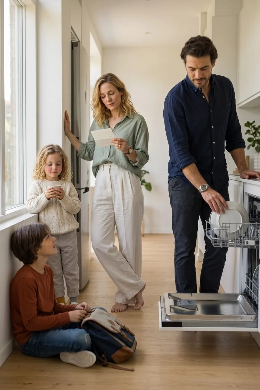 Eine Familie am Abend in der Küche: ein Elternteil räumt die Spülmaschine ein, der andere liest nachdenklich einen Notizzettel, das ältere Kind sitzt mit der Schultasche auf dem Boden, das jüngere hält einen Becher