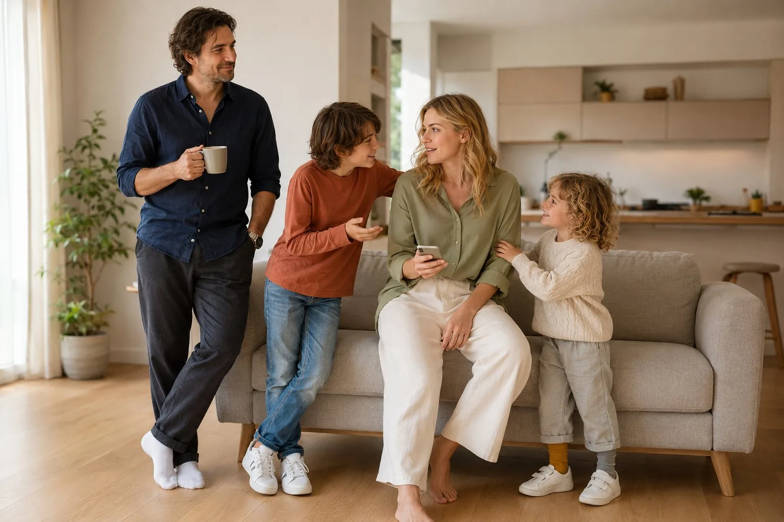 Ein Elternteil beantwortet abends im Wohnzimmer die Fragen beider Kinder gleichzeitig und schaut dabei aufs Handy, der andere steht einen Schritt daneben