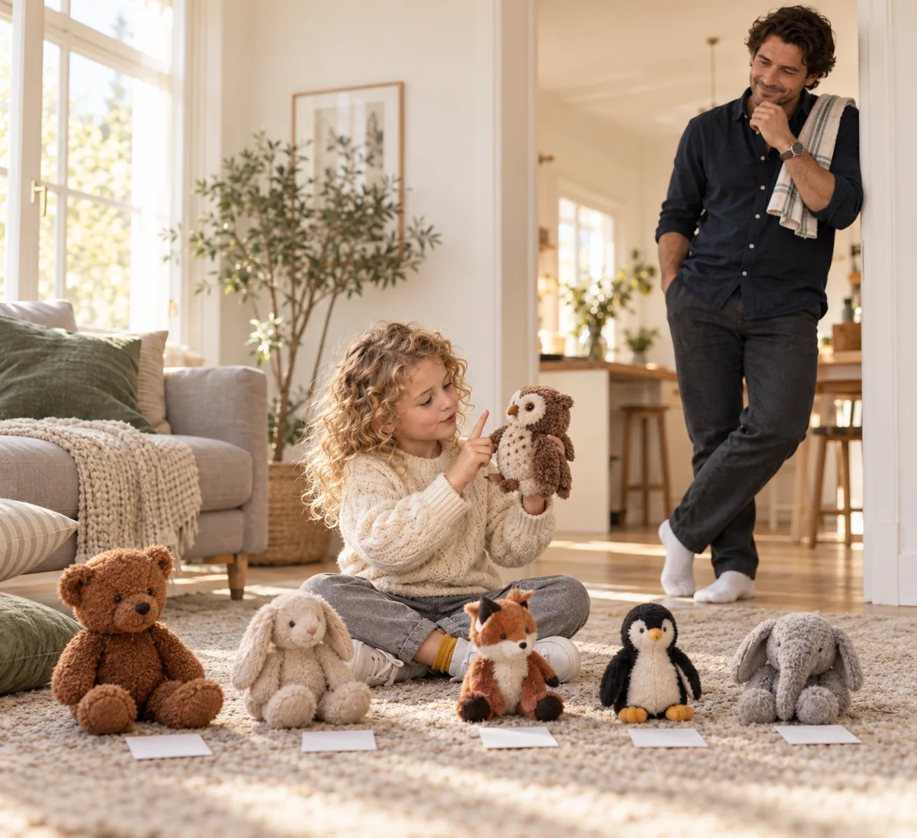 A living room on a Sunday afternoon: the younger child sits cross-legged on the rug in front of five stuffed animals with blank paper slips, seriously holding up a stuffed owl, while a parent with a tea towel over one shoulder leans on the doorframe and watches with a smile