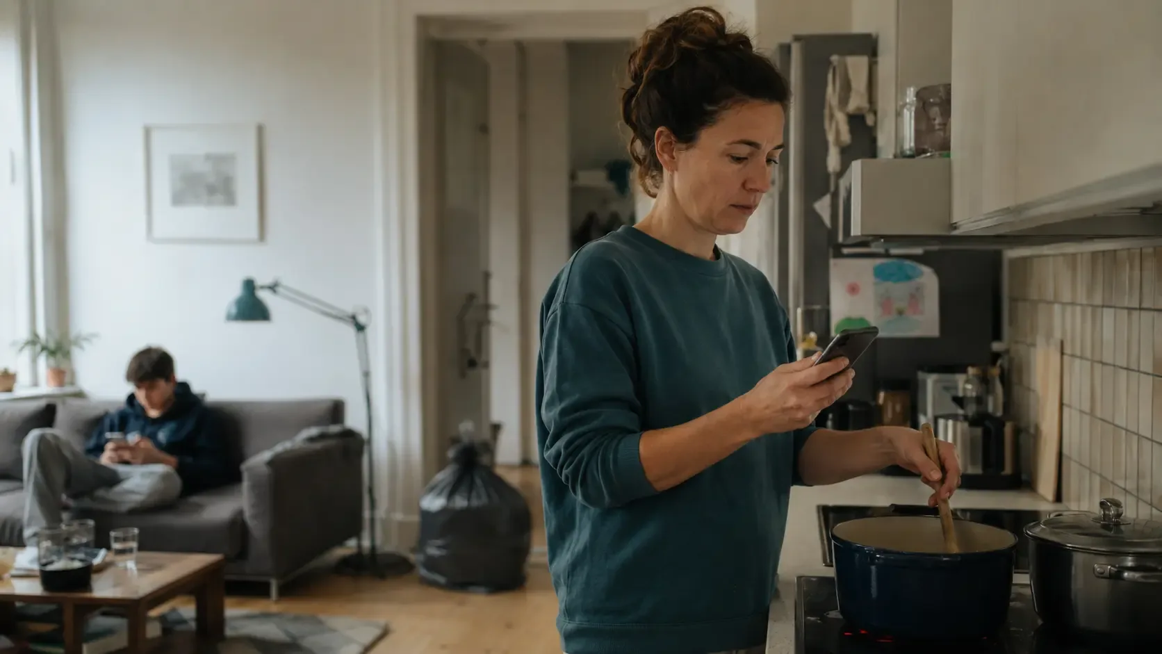 A parent juggling tasks in the kitchen while a teenager sits in the background