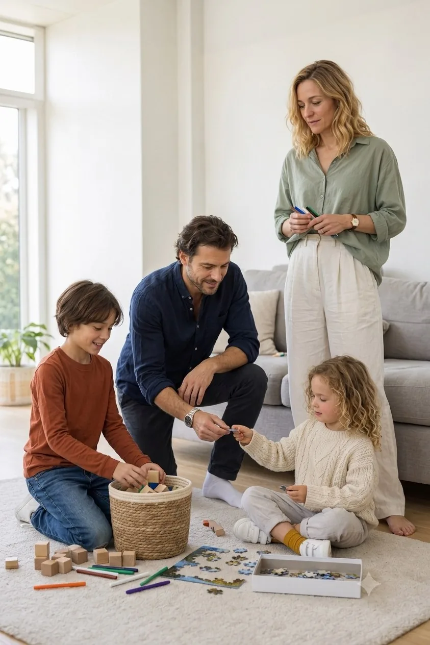 Children tidying up toys in the living room in the early evening while their parents calmly help instead of giving orders