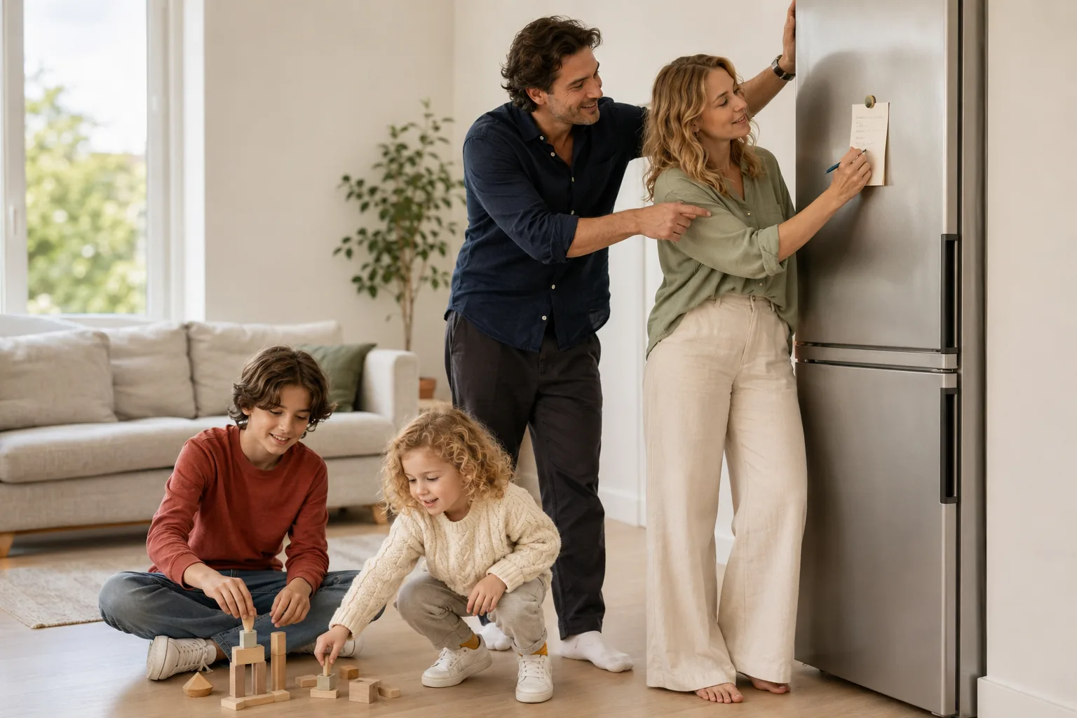 Two partners sit in a calm kitchen over mugs of tea and jot something together on a note pinned to the fridge, the children playing nearby