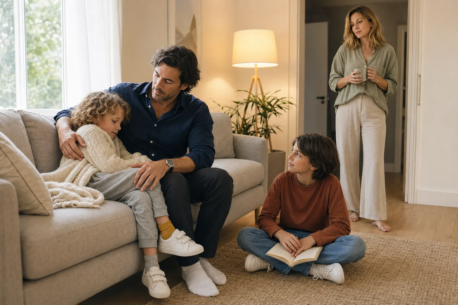 One parent comforts the younger child on the sofa in the evening after a bad dream, the older child sits nearby with a book while the other parent pauses quietly in the doorway with a mug