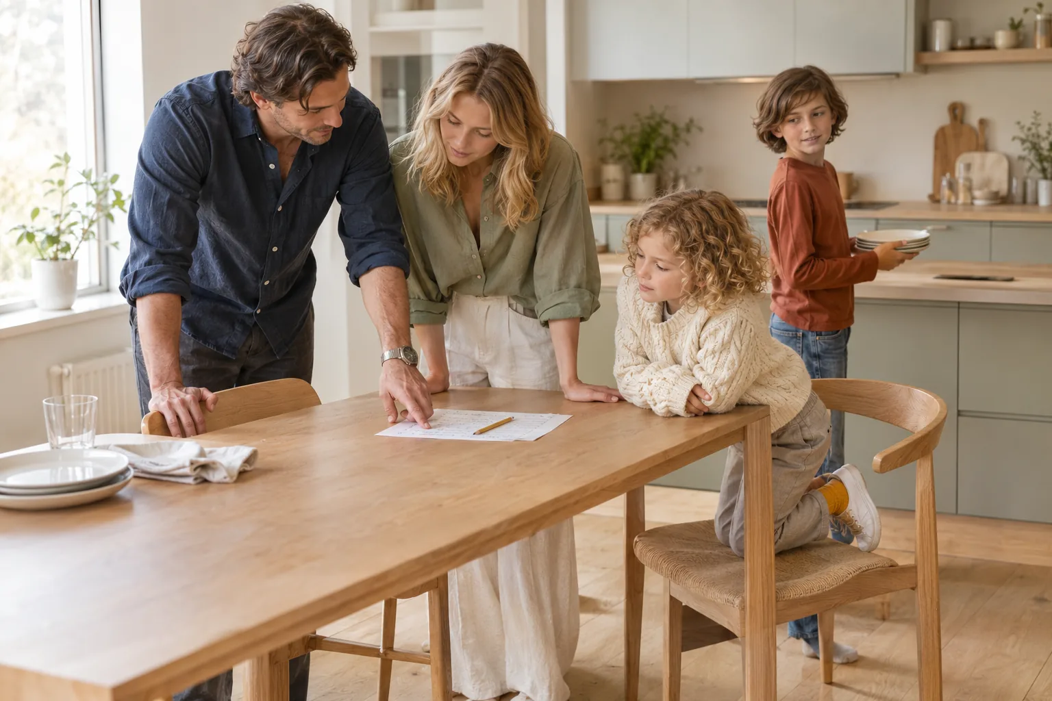 A kitchen table after dinner: both parents lean over one handwritten sheet of paper together, a pencil lying between them, the older child carrying plates to the counter, the younger child kneeling on a chair and looking at the sheet