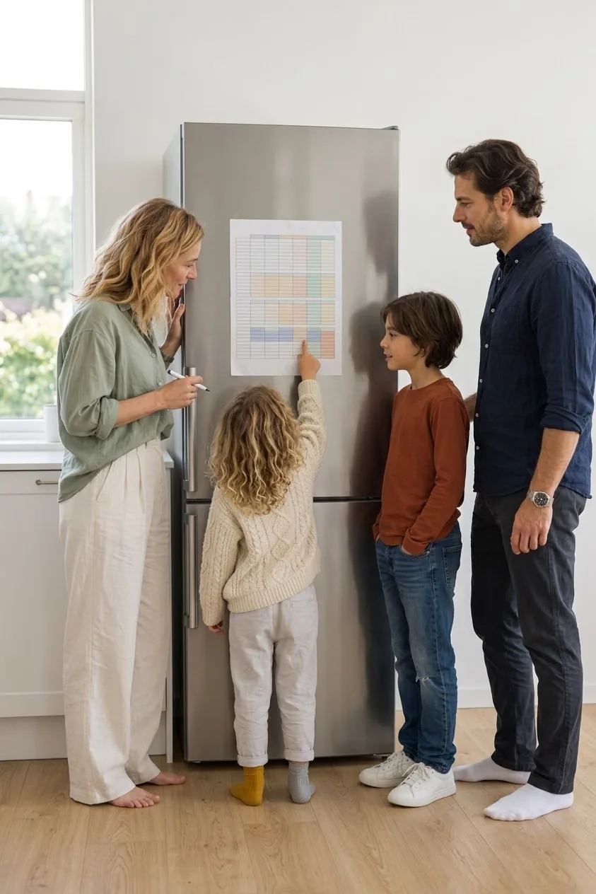 Eine vierköpfige Familie steht vor einem Plan an der Kühlschranktür, das jüngere Kind zeigt mit ausgestrecktem Arm darauf, ein Elternteil hält einen Stift, das ältere Kind und der andere Elternteil schauen zu