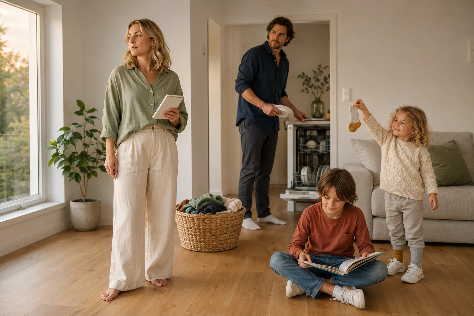 A woman stands barefoot by the window holding a small notepad and pen, looking away in thought; behind her a man pauses at the open dishwasher with a plate in his hand and turns to look at her, a basket of folded laundry on the floor between them, one child reading on the floor and a younger one holding up a mismatched sock