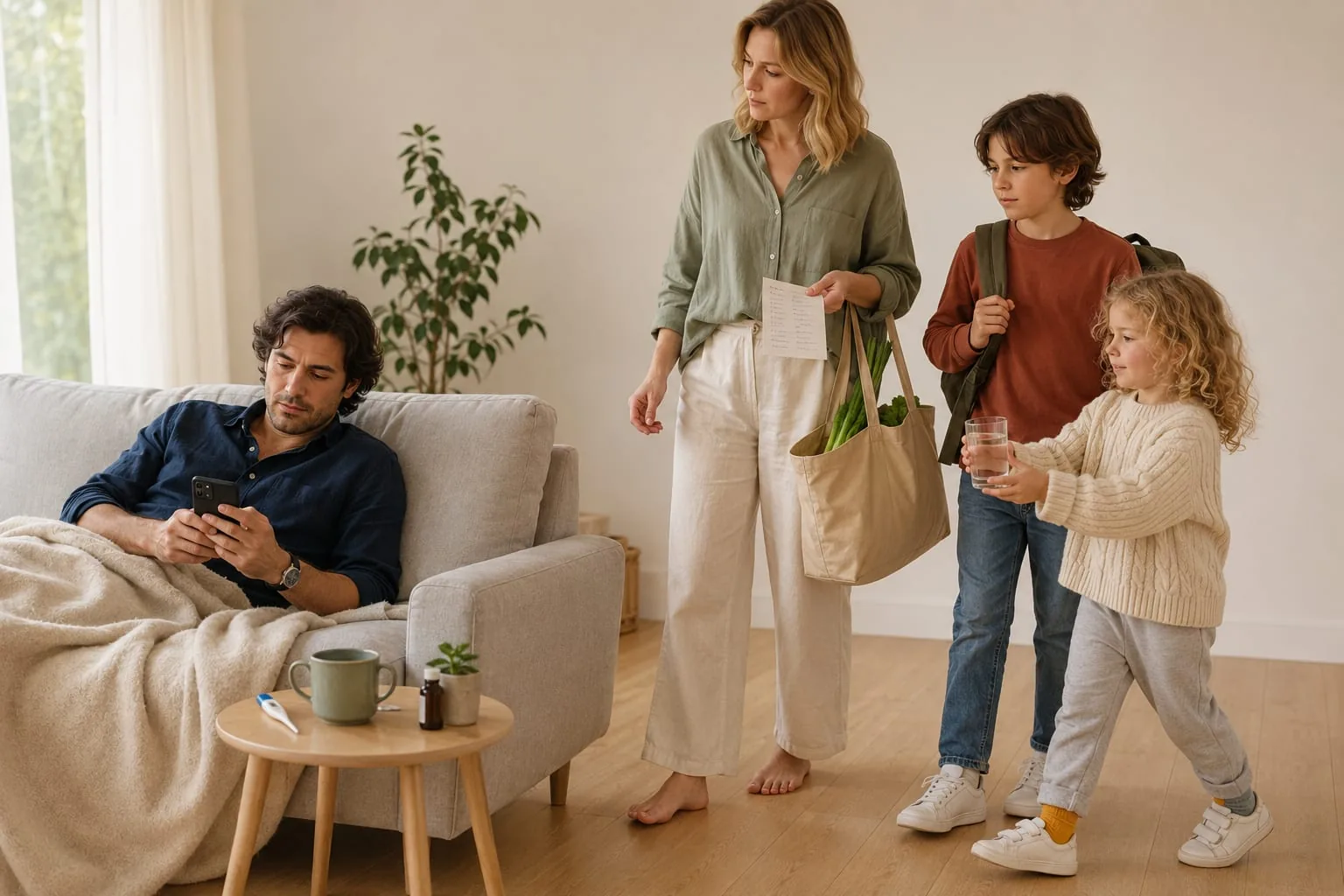 A sick partner lies under a blanket on the sofa in the early evening, still typing reminders into a phone, while the other partner holds the shopping and the children quietly help keep the household going
