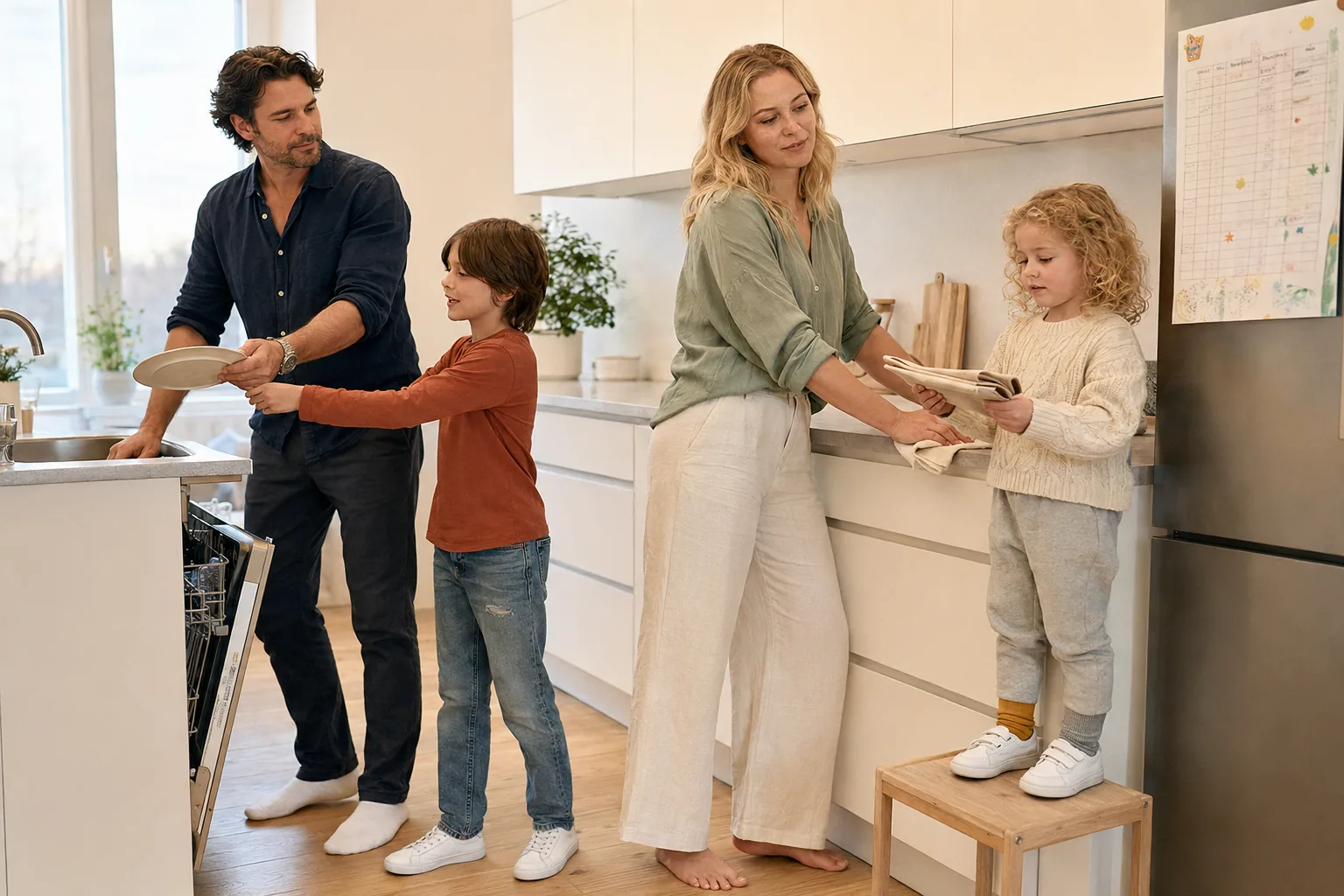 Eltern und zwei Kinder räumen nach dem Abendessen gemeinsam die Küche auf, an der Kühlschranktür hängt eine sichtbare Übersicht der Familienaufgaben