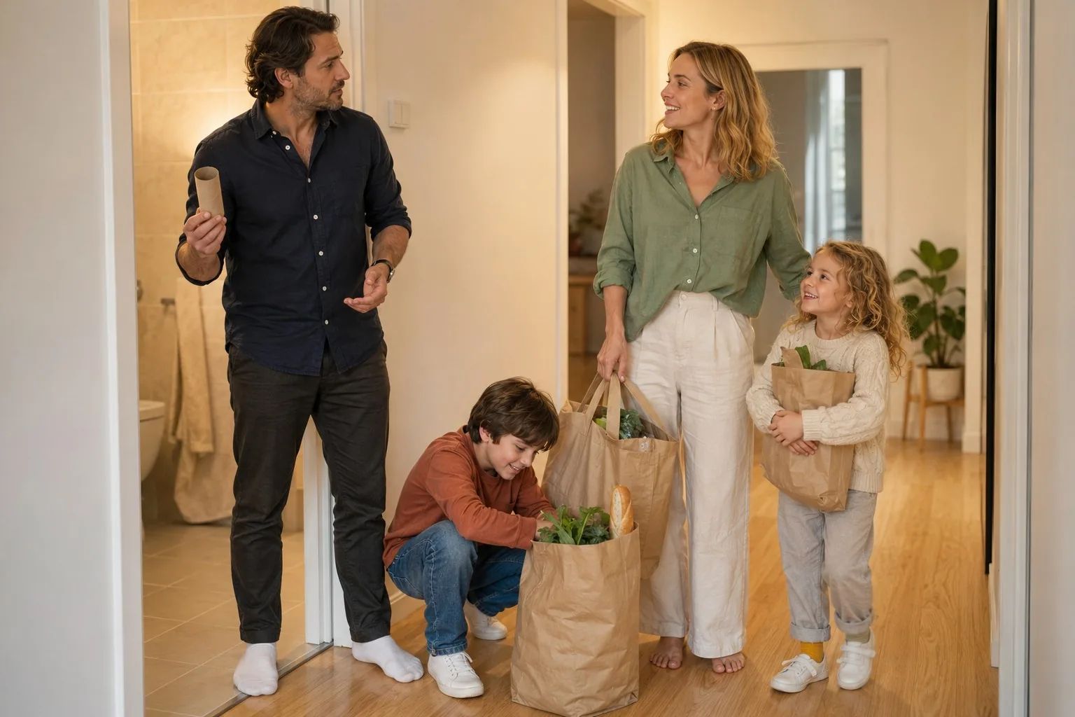 One partner standing in the bathroom holding an empty toilet paper wrapper while the other brings in bags from the shop