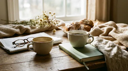 Two cups of coffee on a wooden table with a book and flowers