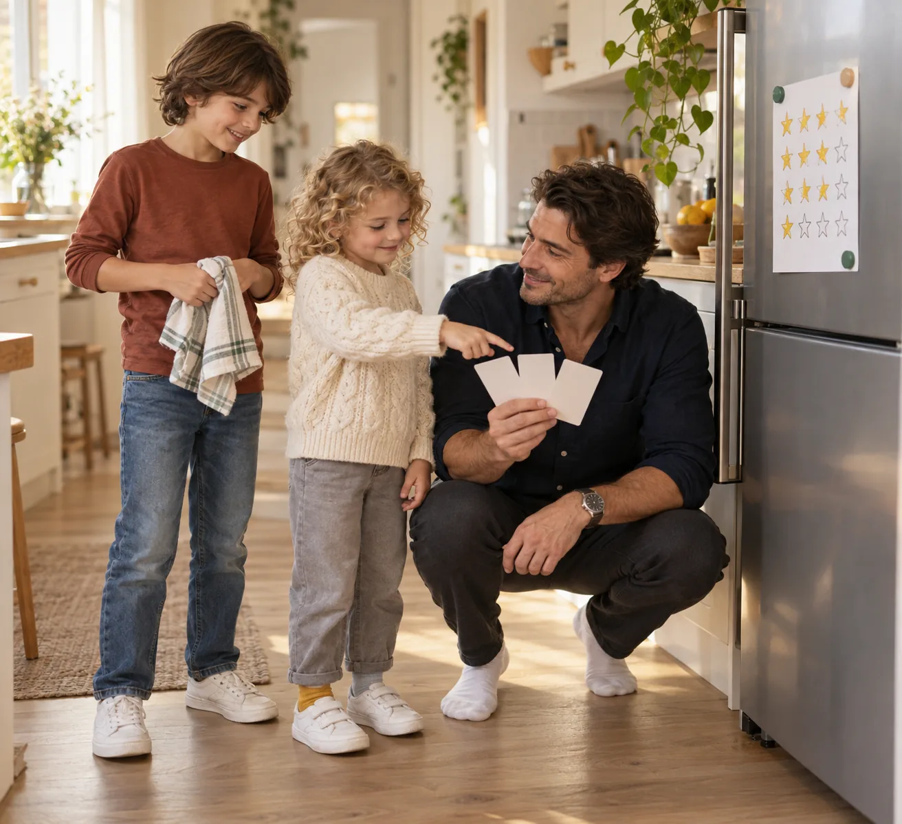 Eine Küche neben dem Kühlschrank mit einer selbst gemalten Sternetabelle: Ein Elternteil hockt auf Augenhöhe der Kinder und hält drei leere Karten wie eine kleine Speisekarte, das jüngere Kind zeigt auf eine, das ältere steht daneben und hält ein gefaltetes Geschirrtuch