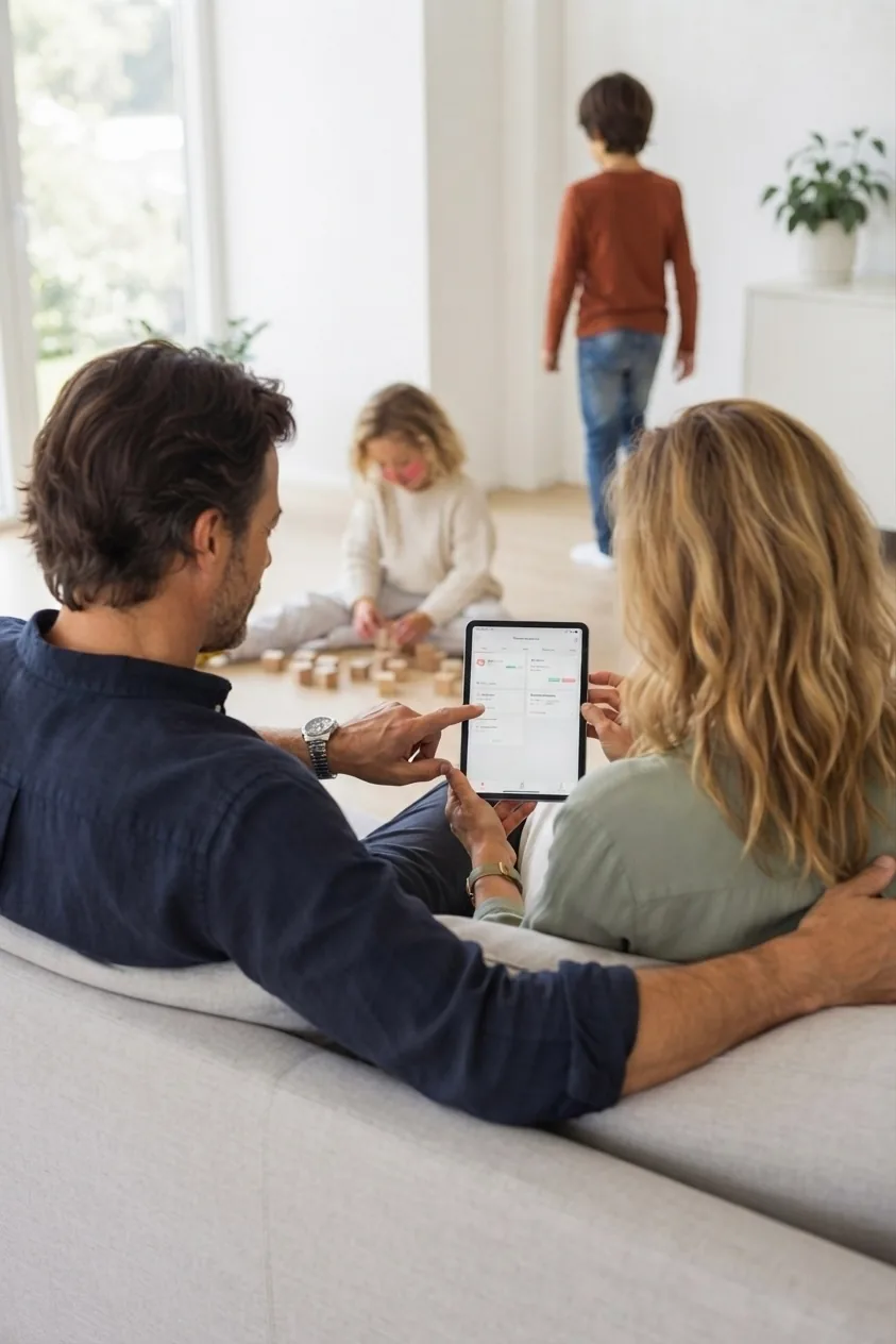 Two partners sit side by side on the sofa in a bright living room, looking together at a tablet showing a calm household overview, two children playing nearby