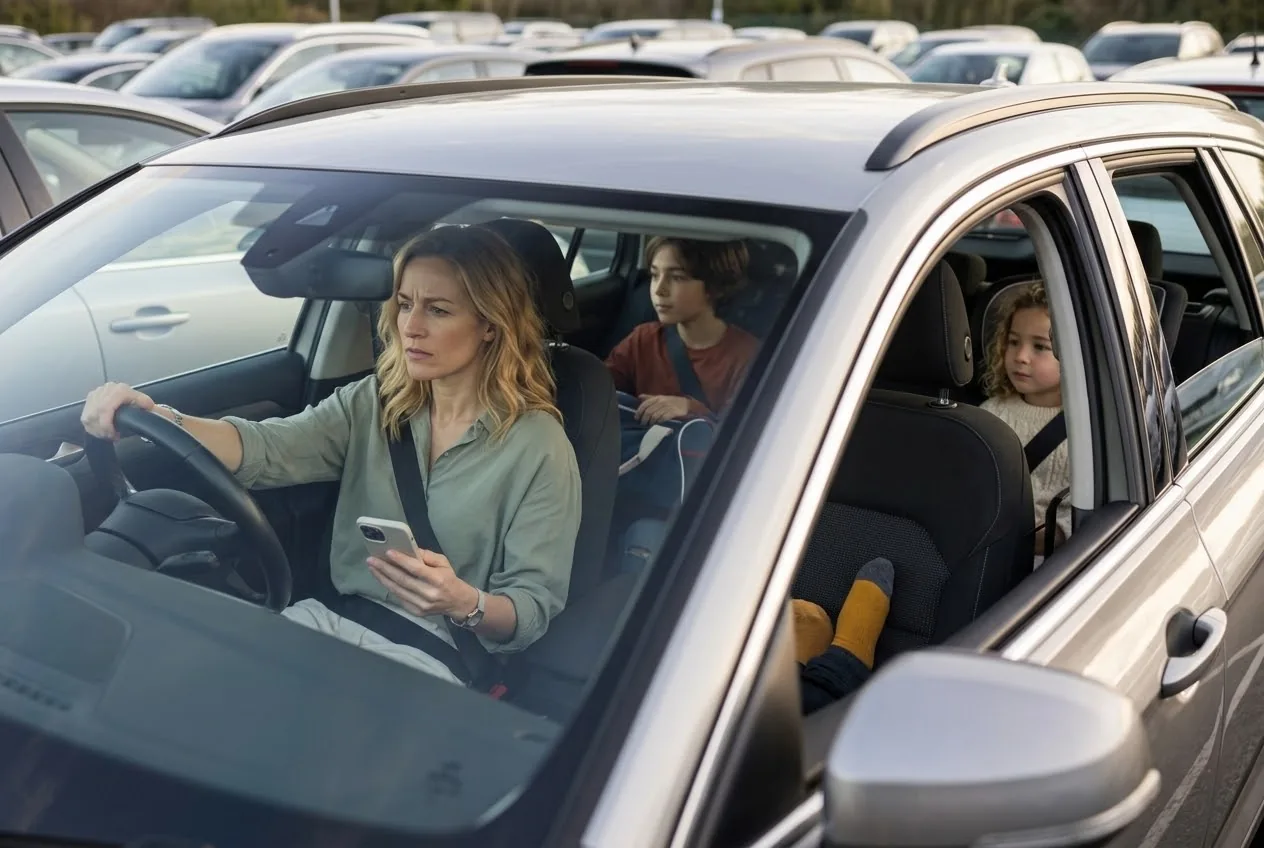 A parent has stopped the family car in the aisle of a completely full car park, one hand on the wheel and the other holding a phone turned towards them while looking for another car park, two children in the back seat