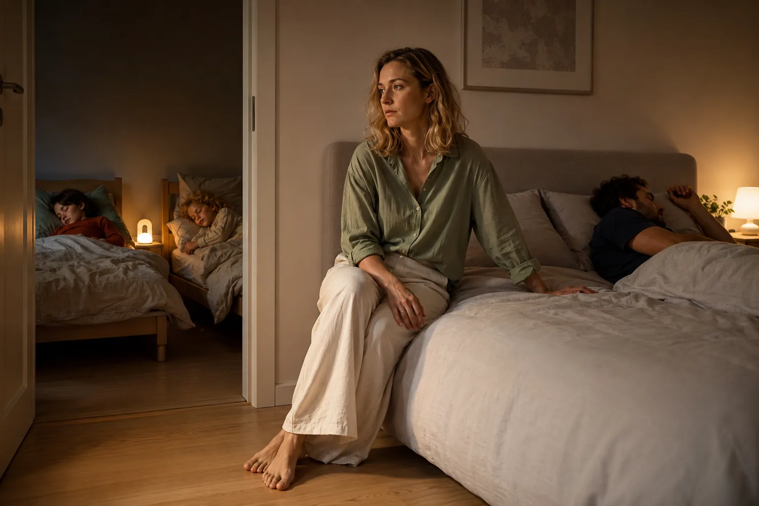 A parent sitting on the edge of the bed late at night in the dim light of a bedside lamp, their partner asleep, the children sleeping peacefully in the next room