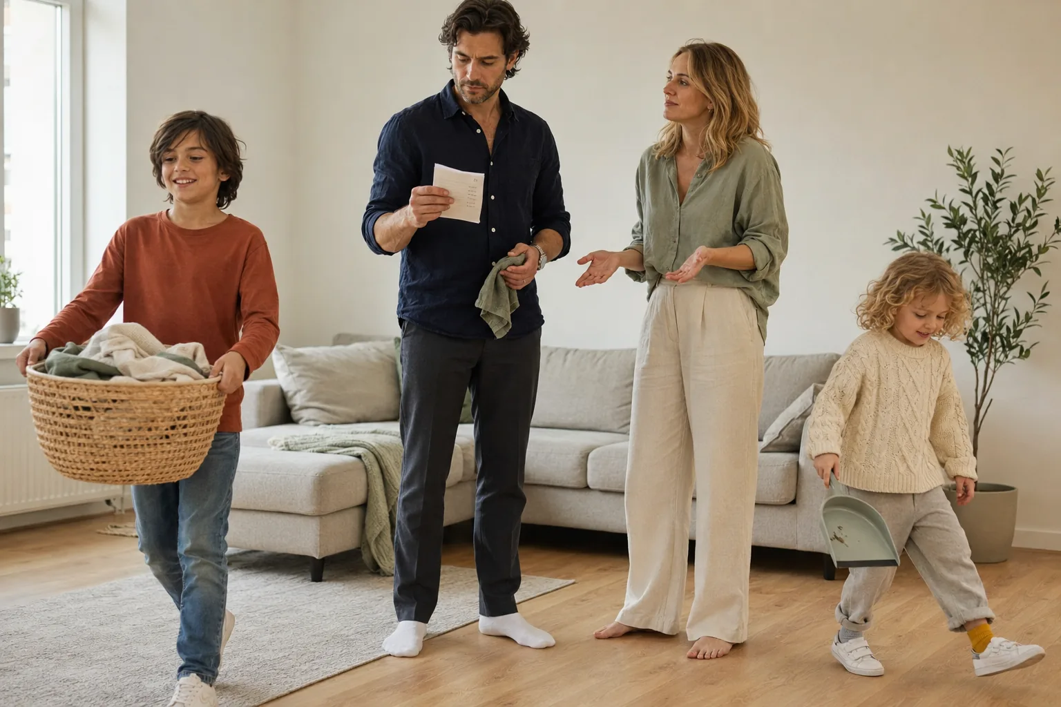 During a Saturday tidy-up one parent holds a handwritten list and the overview of everything, the other stands with sleeves rolled up willingly waiting for instructions, the children carry a laundry basket and a dustpan