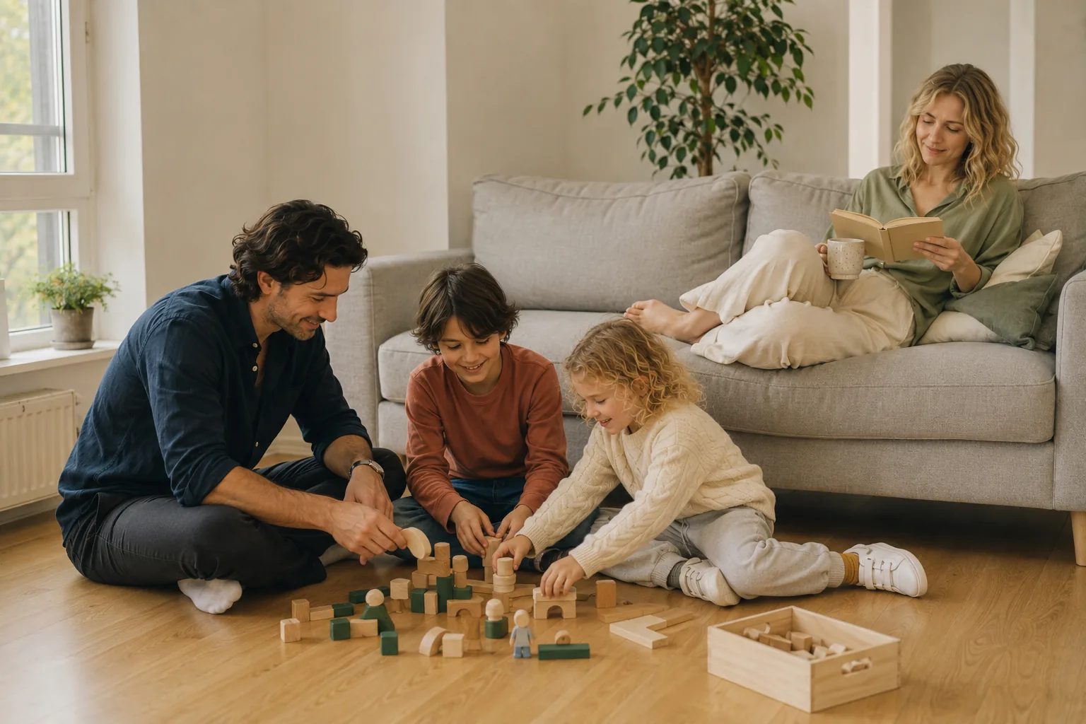 One partner resting calmly on the sofa with a book while the other plays with the children nearby and leaves them in peace