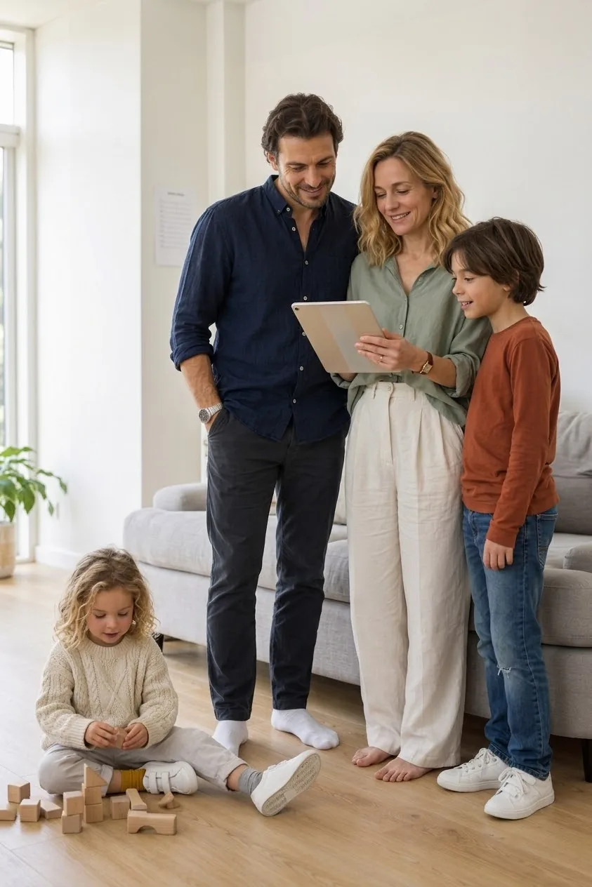 Eine Familie steht abends im Wohnzimmer zusammen, ein Elternteil hält ein Tablet, das ältere Kind schaut mit, das jüngere spielt daneben auf dem Boden mit Holzklötzen