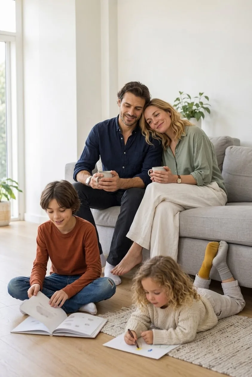 Eine Familie sitzt an einem Werktagabend entspannt in einer aufgeräumten Wohnung zusammen, niemand putzt, die Kinder lesen und malen auf dem Boden