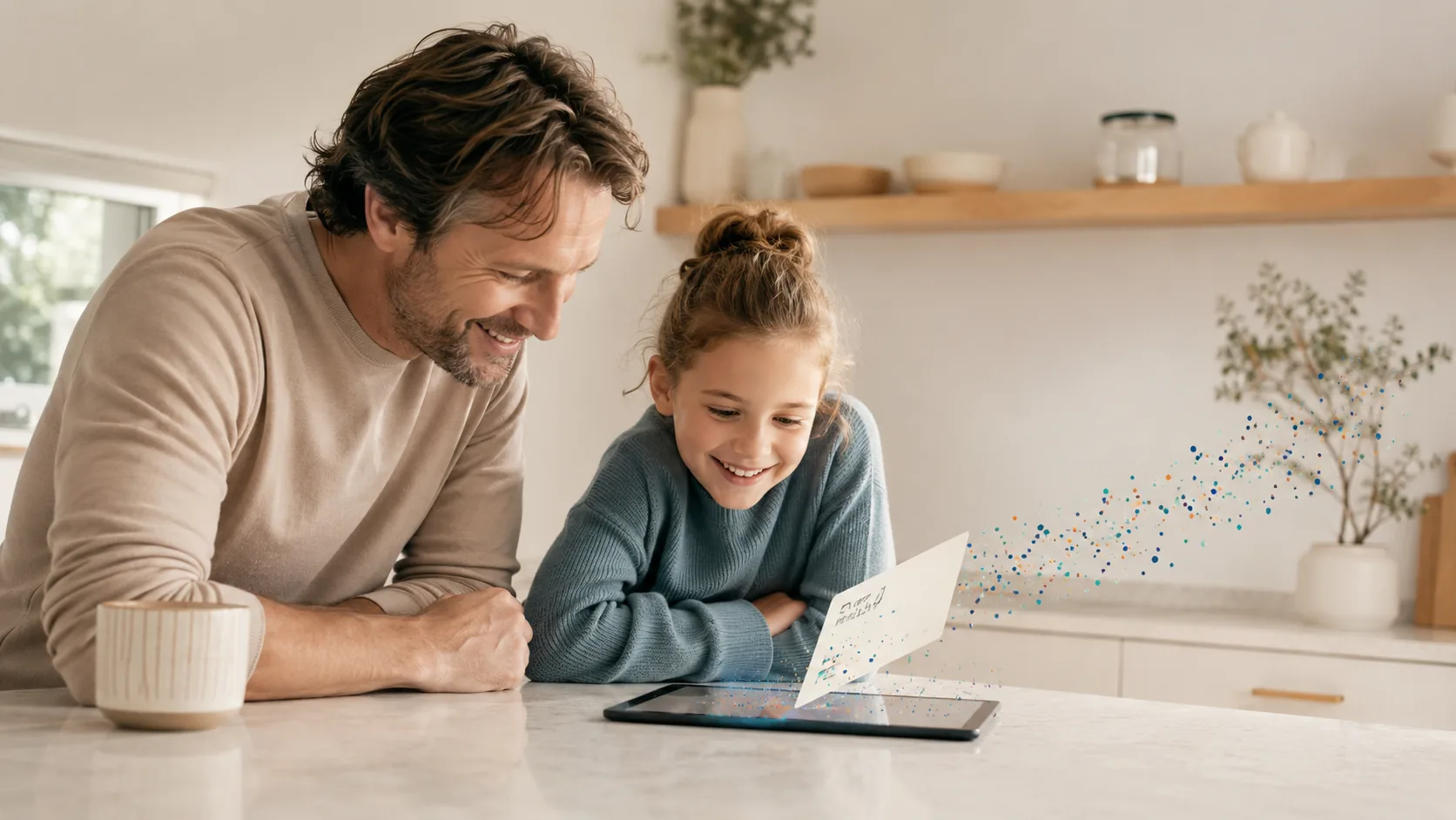 A child and a parent smiling over a tablet as a task card flies to the right with a trail of confetti