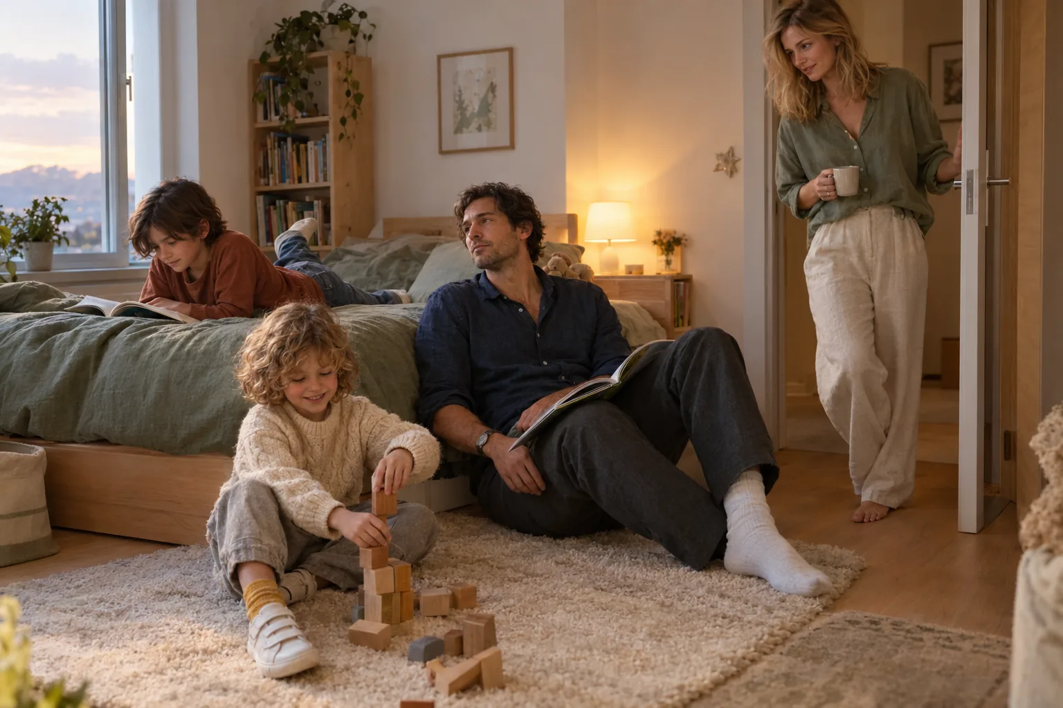 A child's bedroom at dusk: one parent sits tired on the rug, leaning against the bed with a picture book forgotten on their knee, while the other stands in the doorway holding a mug of tea and looking over; the younger child stacks wooden blocks and the older one reads on the bed