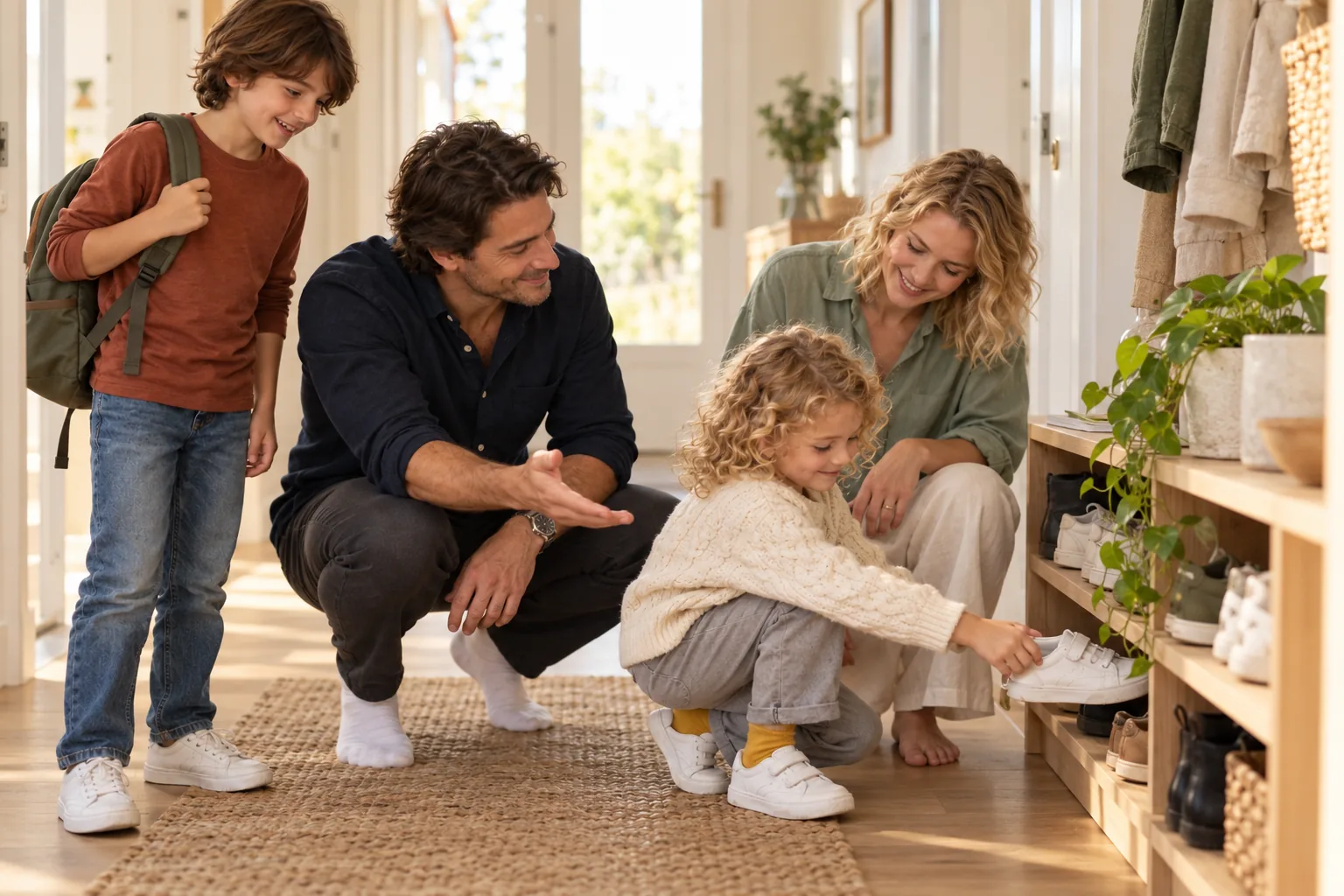 Adults support a child putting away small belongings on a low shelf.