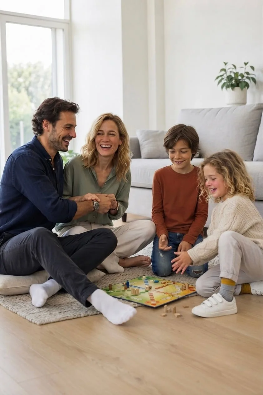 A family sits together on the living room rug on a Sunday afternoon playing a board game, phones put away, everyone focused on a moment they are sharing