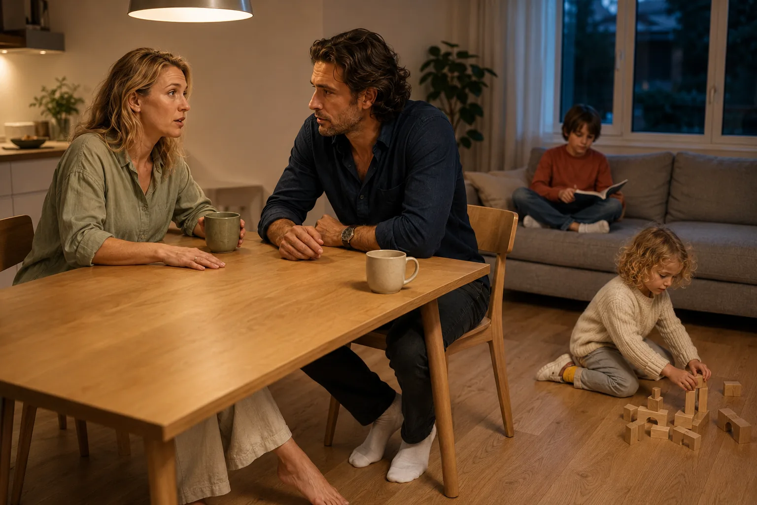 Two partners sitting across from each other at the kitchen table in the evening, one talking and the other listening closely, two cups gone cold between them