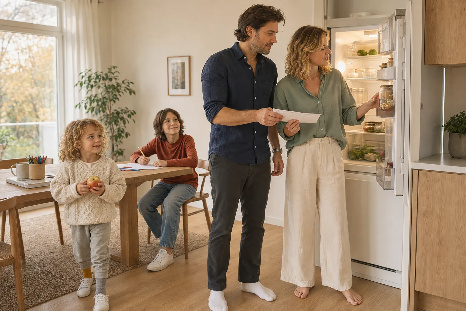 Two partners in the kitchen at an open fridge, one handing the other a shopping list while both look at the shelf, their two children near the table