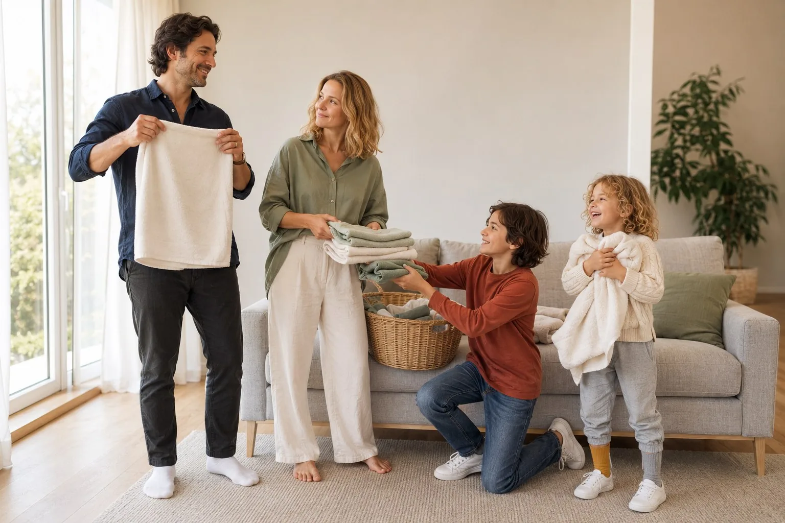 A family folding fresh laundry together in the living room on a Saturday morning; one partner calmly refolds a towel while the other watches with a patient smile, the children nearby handing over pieces from the basket