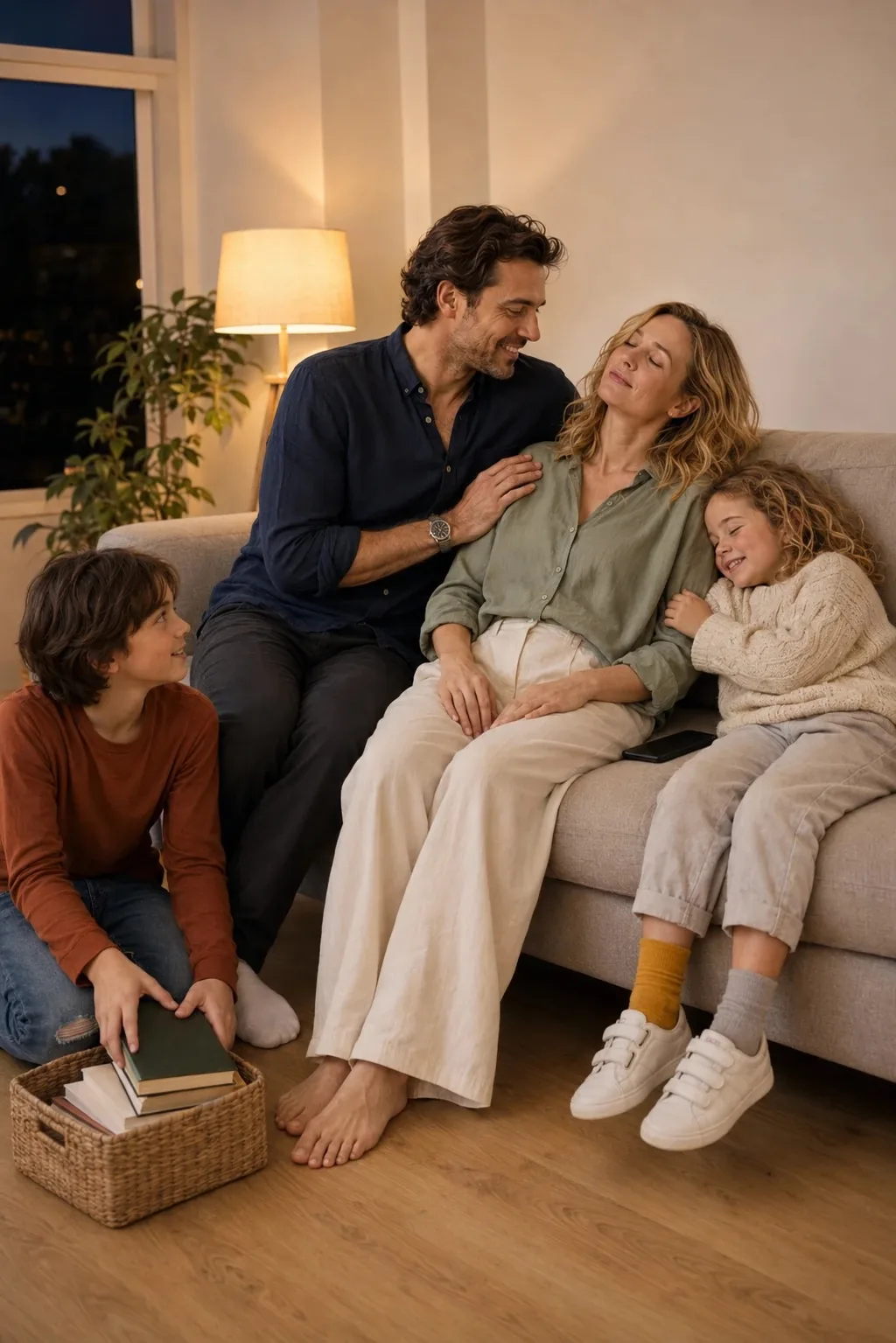 A tired partner sitting on the sofa in an evening living room, the other partner gently resting a hand on their shoulder