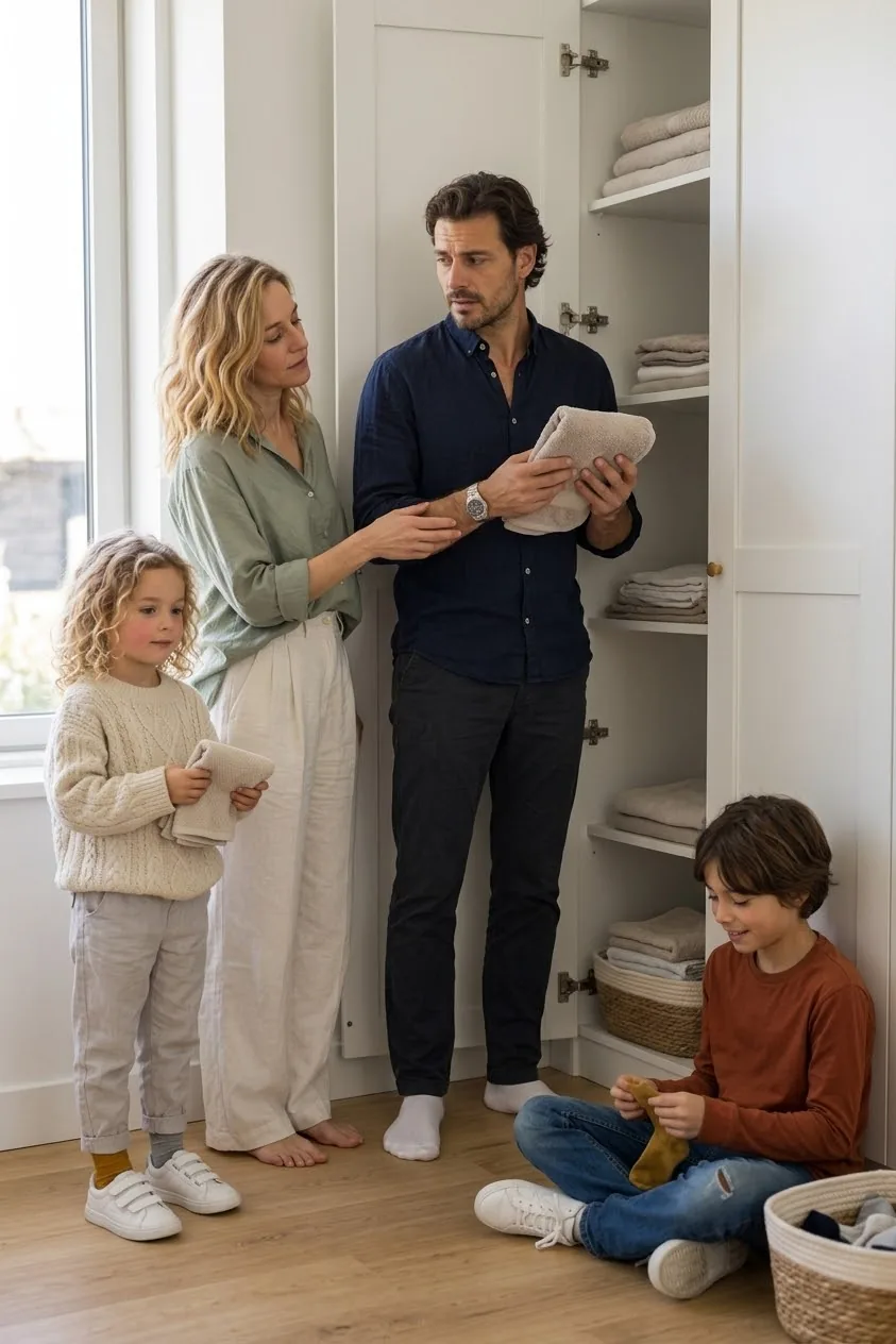 Two partners at an open linen cupboard, one holding a folded towel and hesitating over which shelf it belongs on, the other already reaching for it, while one child pairs socks on the floor and the other holds a folded washcloth