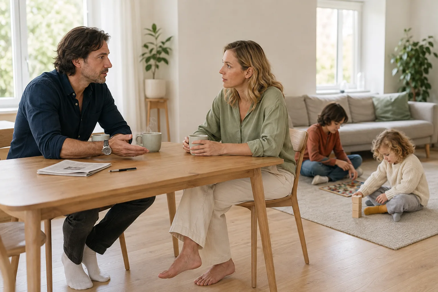 Two partners sitting across the kitchen table with mugs of tea, talking calmly, children playing nearby