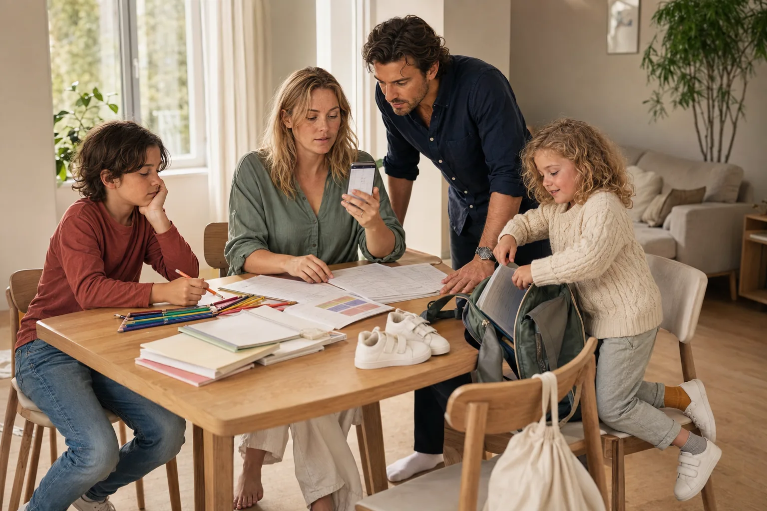 Two parents and two children at a kitchen table covered in school notebooks, forms and papers, one parent holding a phone with a calendar