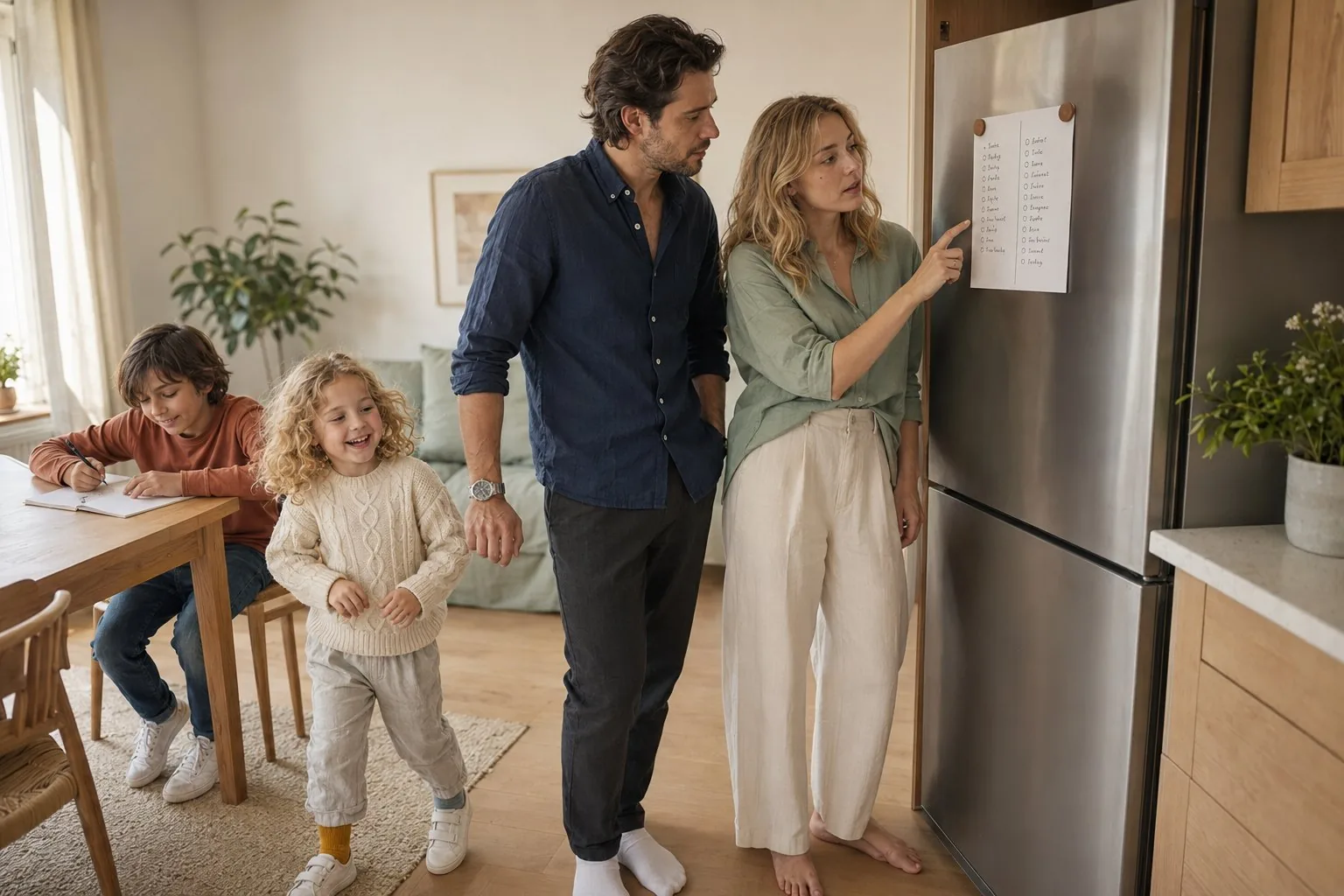 Two partners by the fridge with a handwritten chore list split into two columns, the children playing nearby