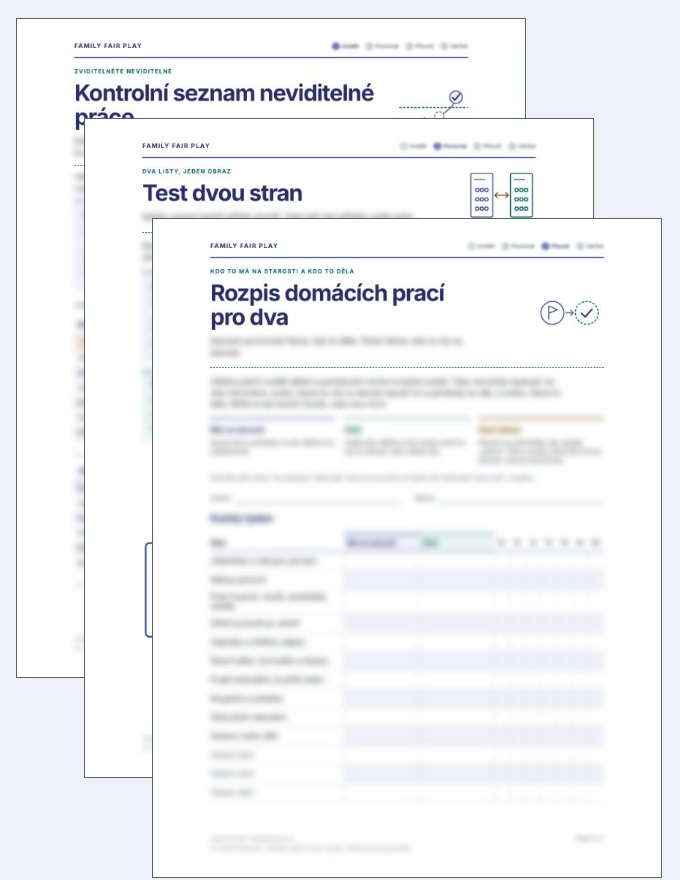 Tři listy k tisku: kontrolní seznam, test a rozpis domácích prací