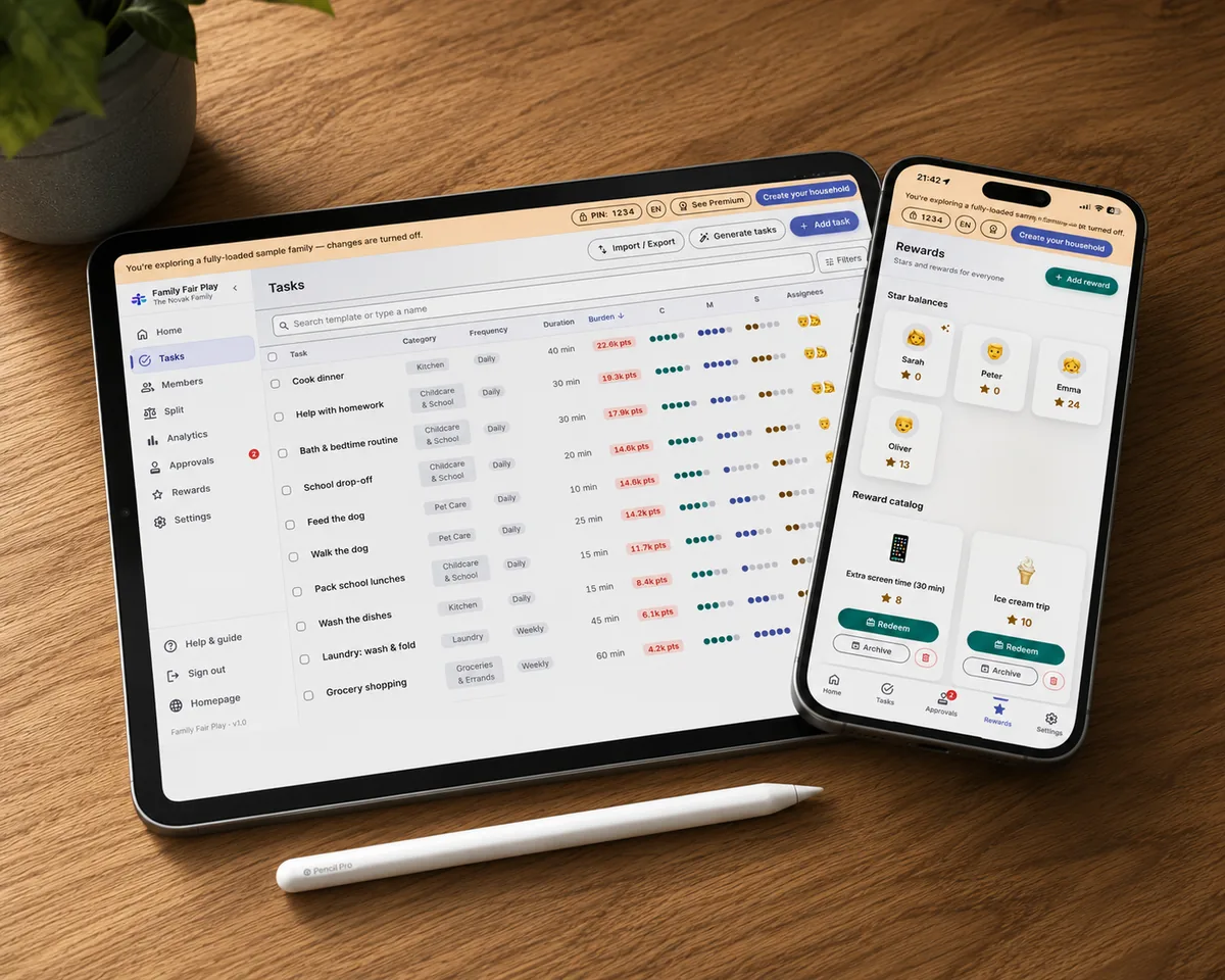Family Fair Play on a tablet and phone — the household task list with its load estimate, and the kids' rewards screen.